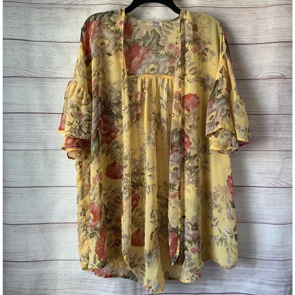 Umgee Yellow Floral Lightweight Cardigan Kimono Cover Up Ruffle Sleeve Size S